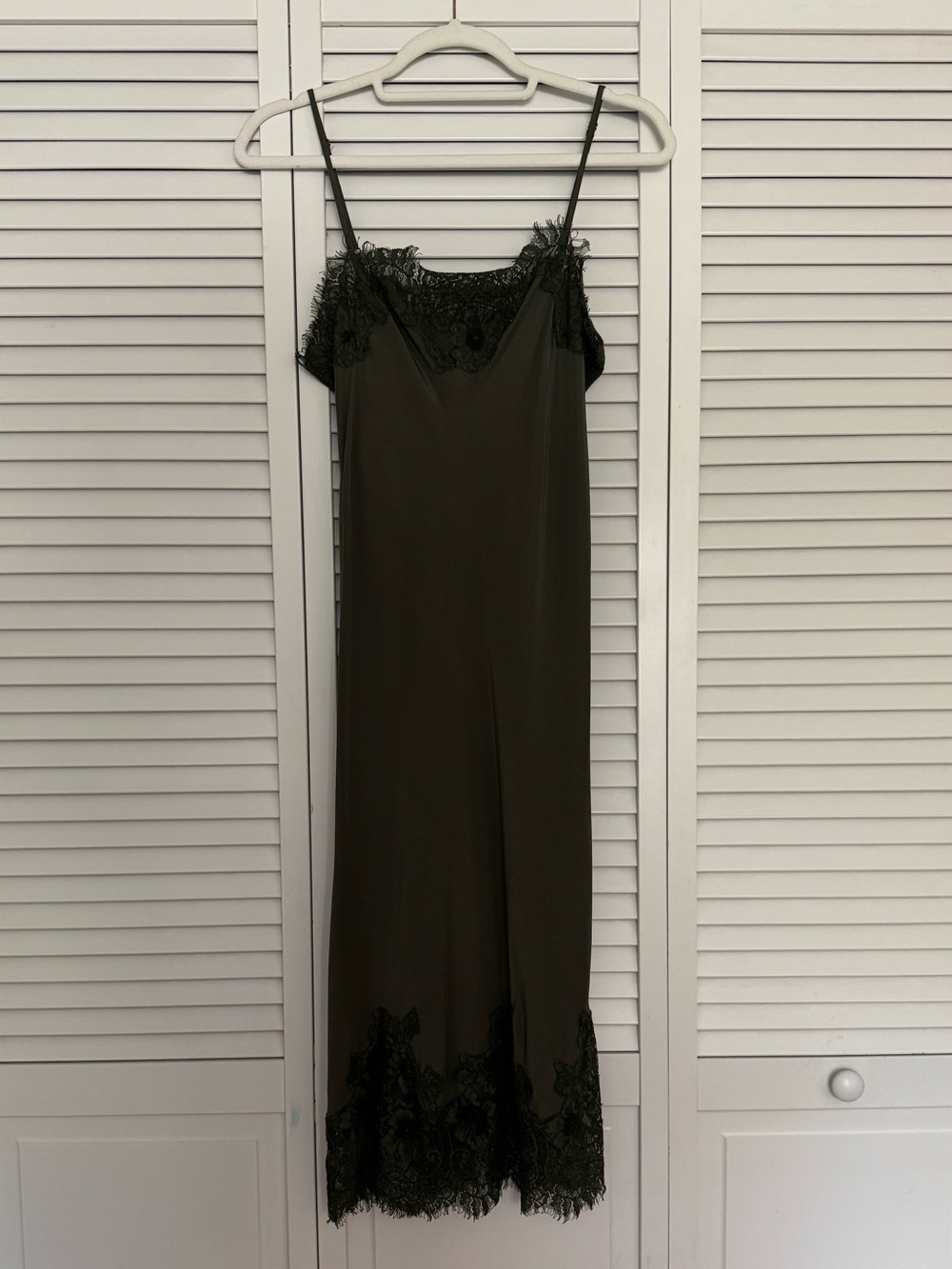 Gold Hawk Silk Lace Trim Slip Dress Olive Green Black Lace Detail Sz S